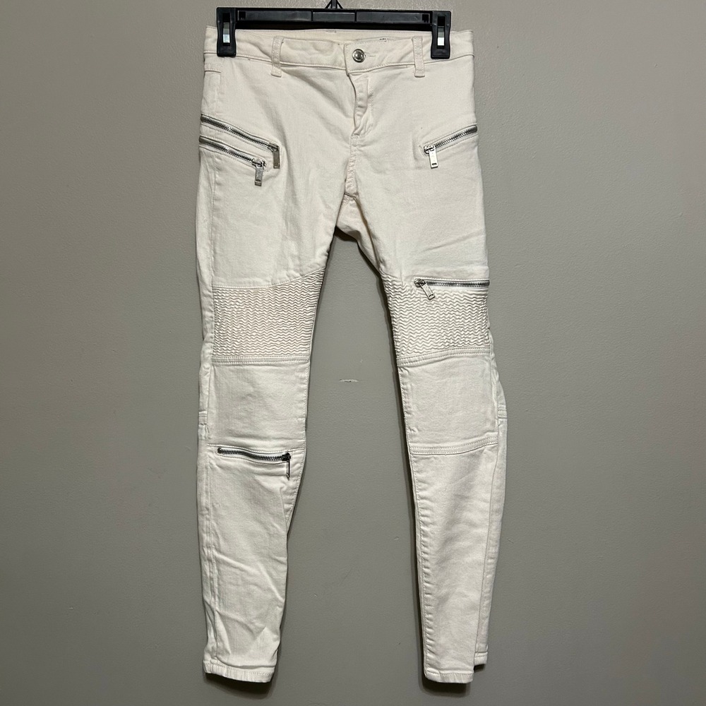 Zara Woman Moto Biker Jeans 2 Medium Rise Slim Fit White Zip Detail Urban Grunge